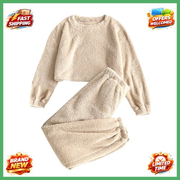 Fuzzy Fleece Pajama Set Long Sleeve Pullover and Pants Loungewear